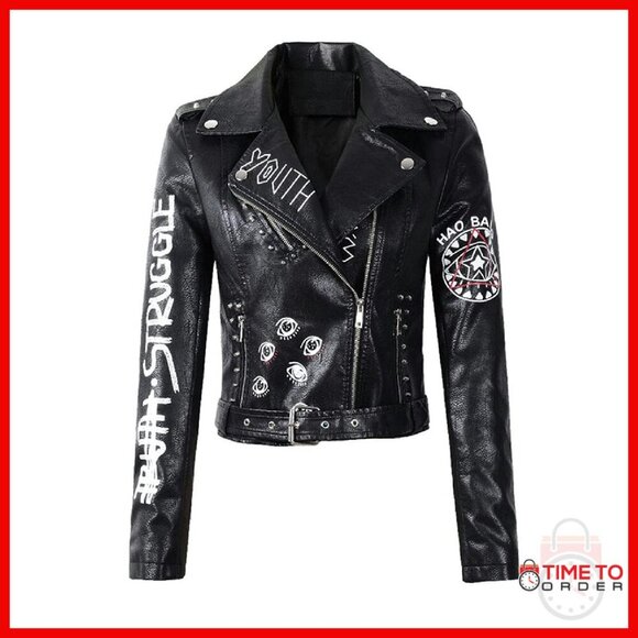 Faux Leather Biker Jacket with Belt Punk Style Sizes S-XL